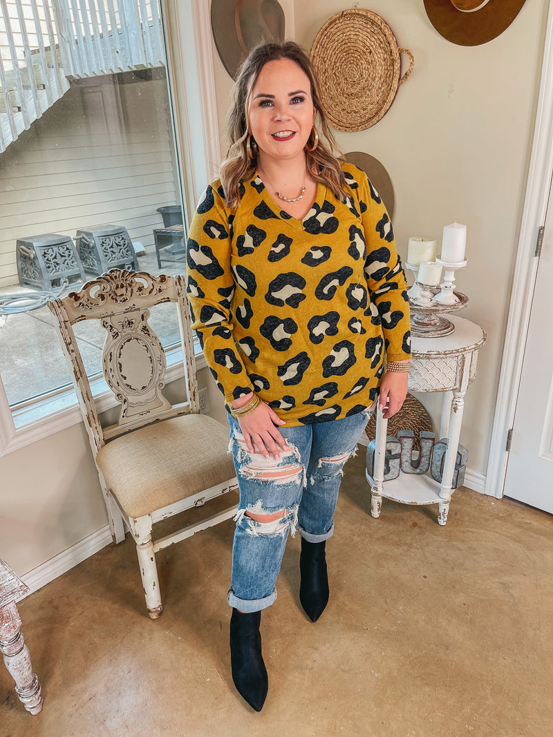 Keep Things Simple Long Sleeve Large Leopard V Neck Pullover Top in Mustard Yellow