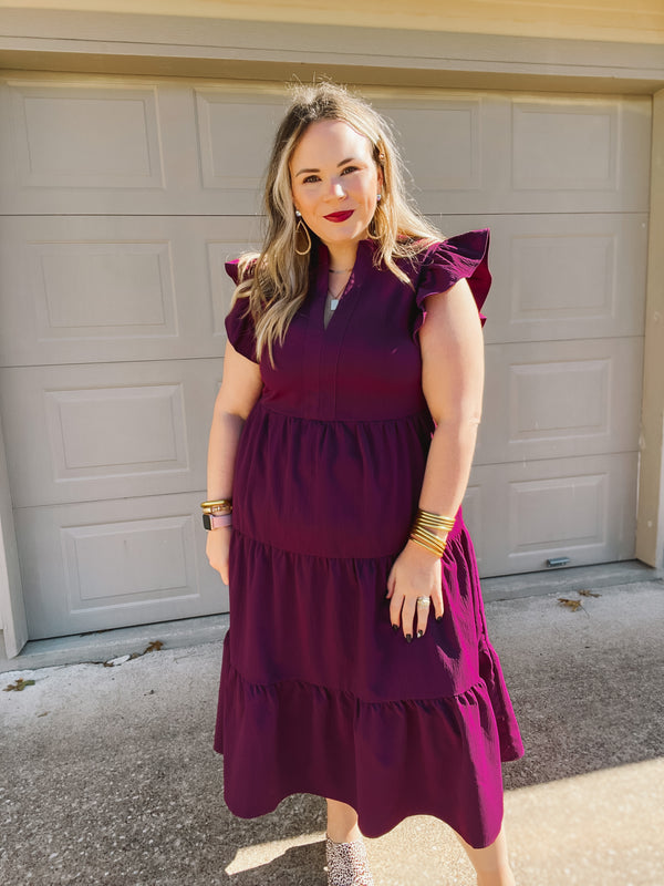 Magnolia Morning Ruffle Cap Sleeve Tiered Midi Dress in Eggplant