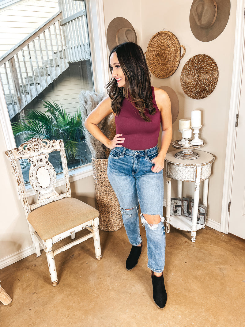 Love and Luck Turtle Neck Ribbed Tank Top Bodysuit in Maroon