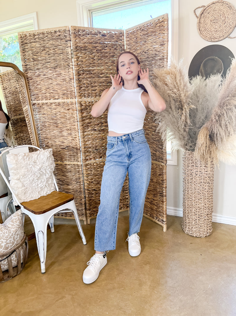 Staying In High Neck Ribbed Crop Tank Top with Scoop Hemline in White