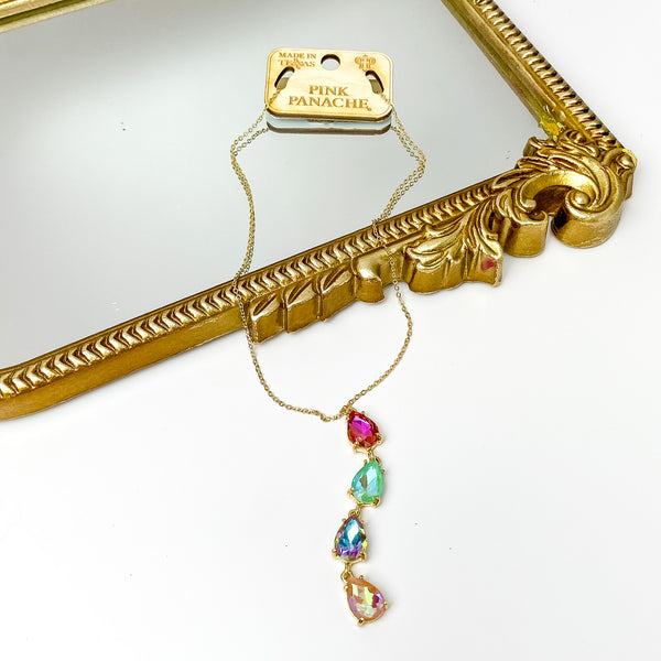 Pink Panache | Gold Tone Chain Necklace with Four Crystal Teardrop Pendant in Multicolor