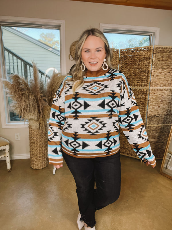 Cheyenne Chill Aztec Print Striped Sweater in Turquoise and Brown