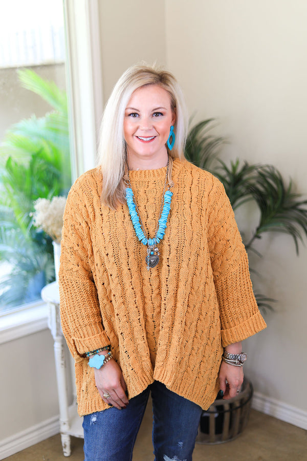 On My Level Chenille Cable Knit Pullover Sweater in Mustard Yellow