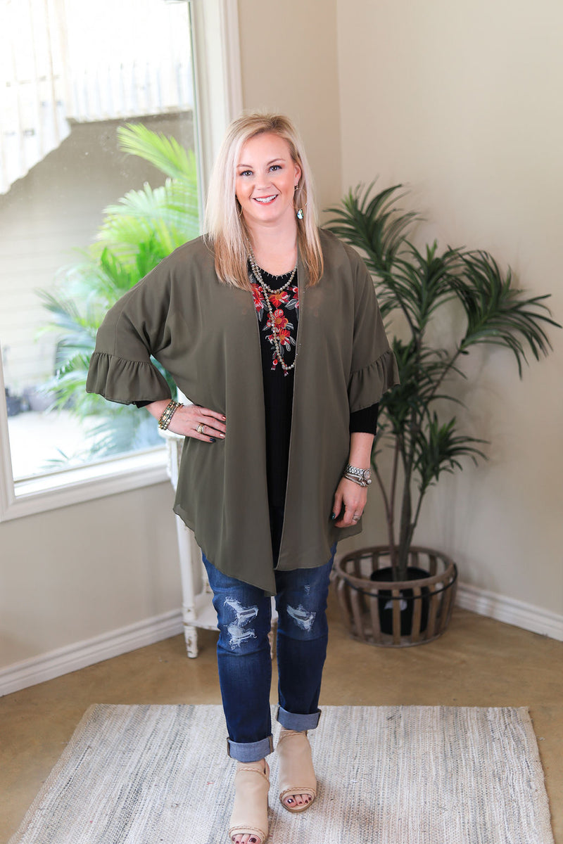 Tell Me About It Sheer Kimono with Ruffle Sleeves in Olive Green