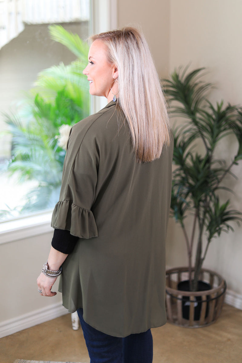 Tell Me About It Sheer Kimono with Ruffle Sleeves in Olive Green