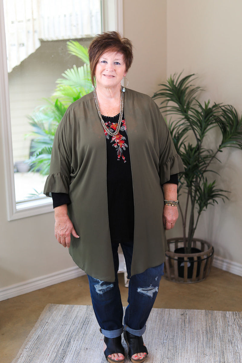 Tell Me About It Sheer Kimono with Ruffle Sleeves in Olive Green