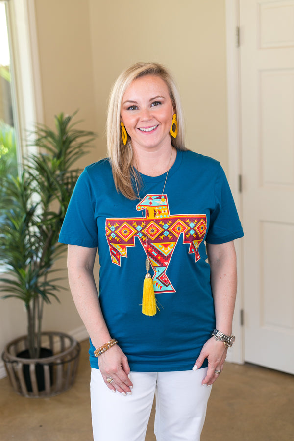 Keep Her Wild Aztec Thunderbird Graphic Short Sleeve Tee Shirt in Teal Blue