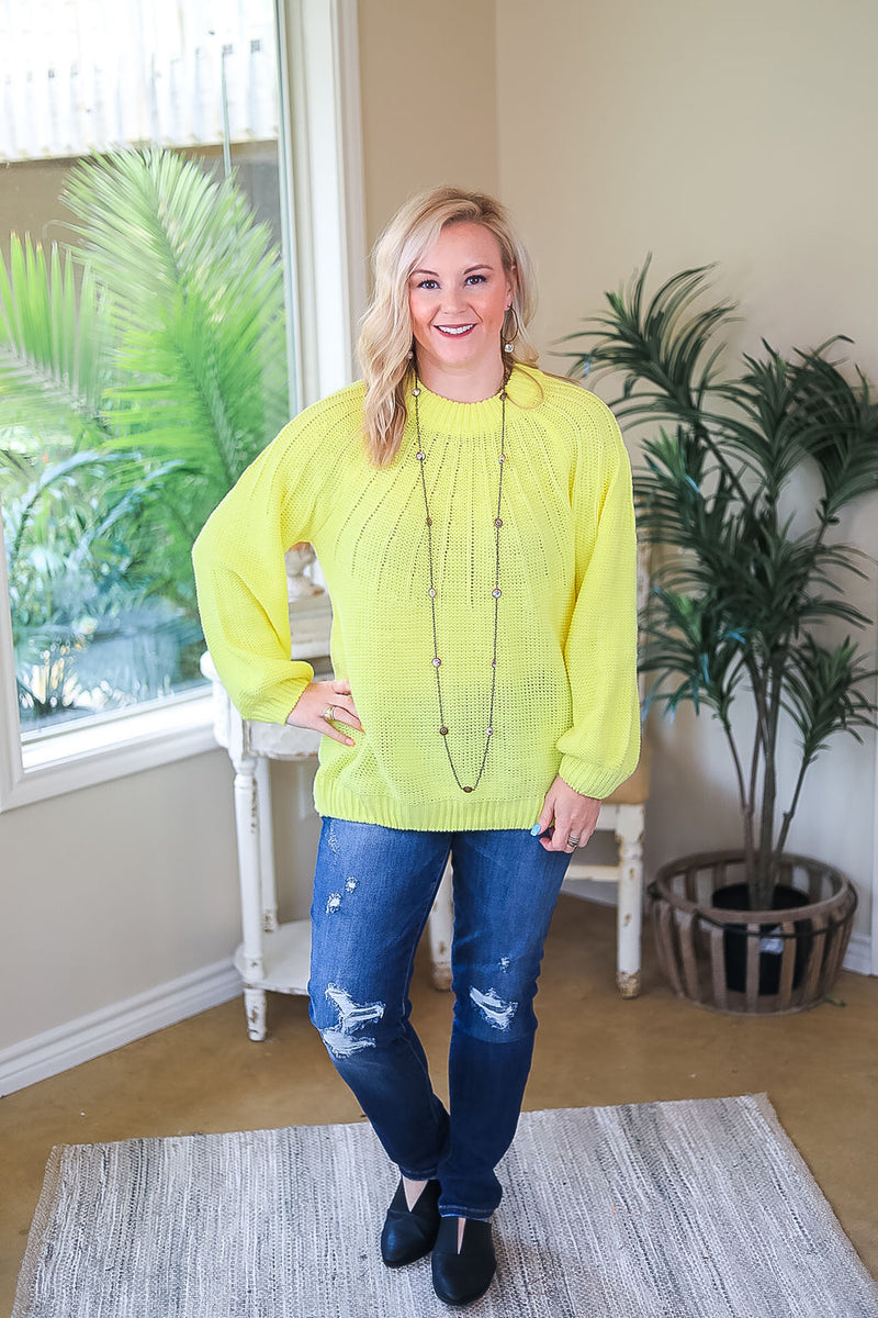 Bright Lights Puff Sleeve Knit Pullover Sweater in Neon Yellow