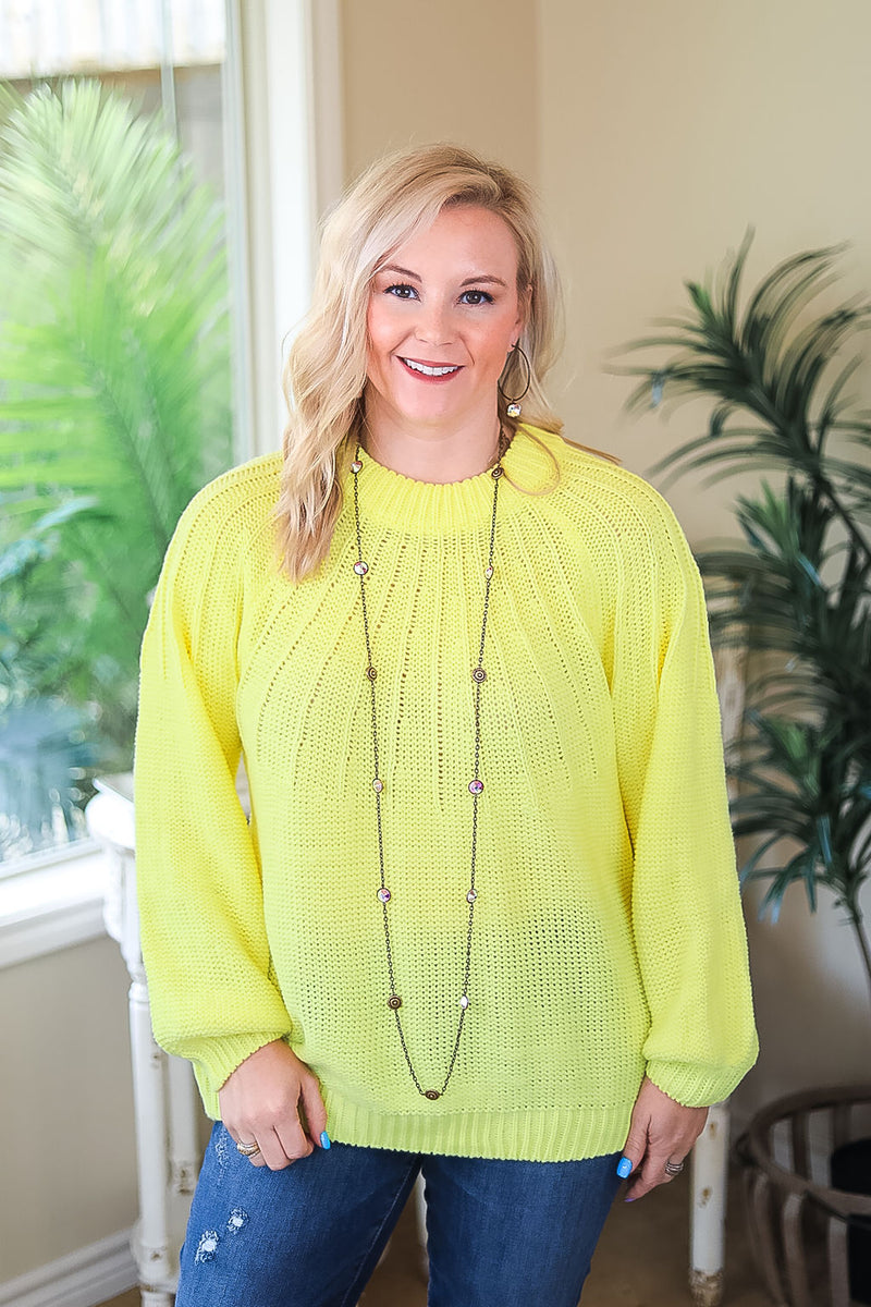 Bright Lights Puff Sleeve Knit Pullover Sweater in Neon Yellow