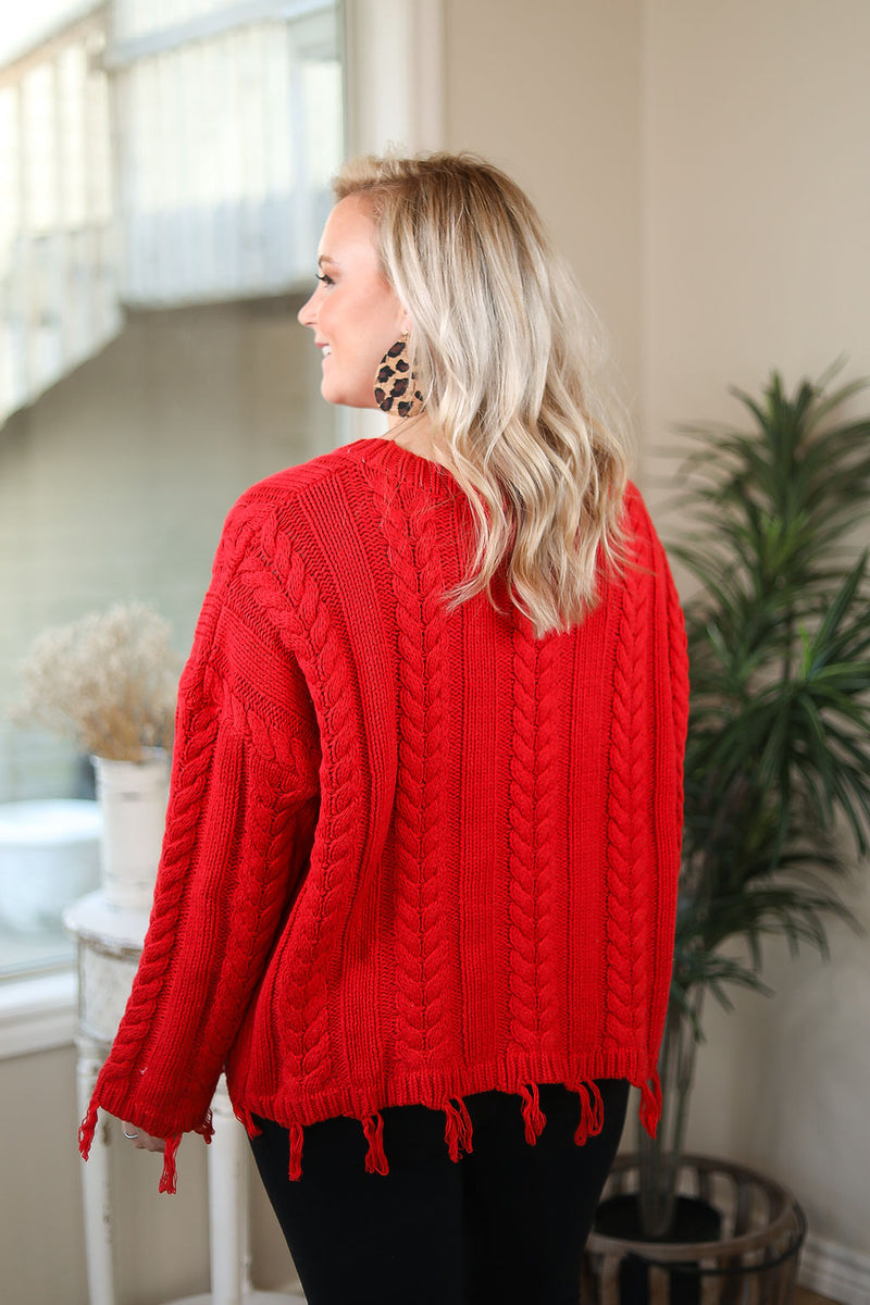 Ready Willing and Cable Knit Pullover Sweater with Frayed Hem in Red