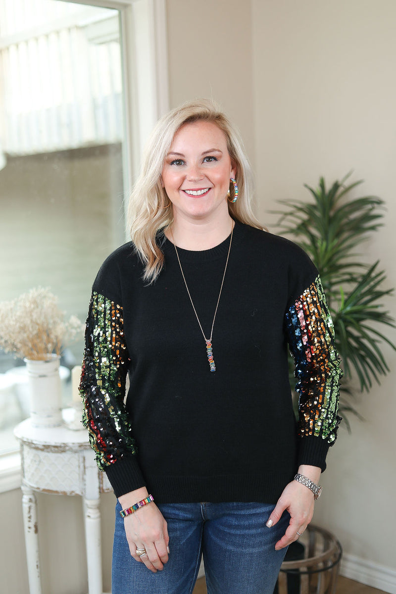 Chasing That Neon Rainbow Sweater Top with Rainbow Sequin Sleeves