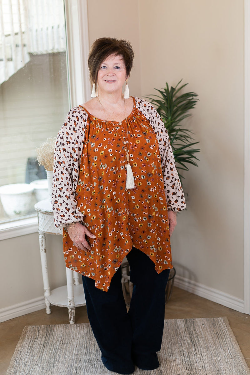 The Colors of Fall Rust Floral Button Up Top with Ivory Leopard Sleeves