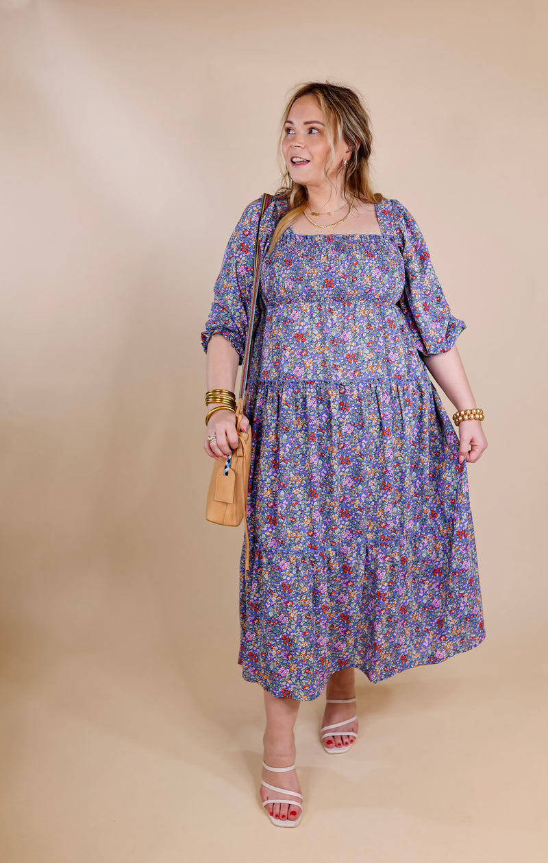 Spring Blooms Smocked Floral Maxi Dress in Blue