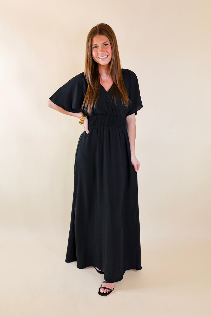 Wildly In Love V Neck Maxi Dress with Smocked Waist in Black
