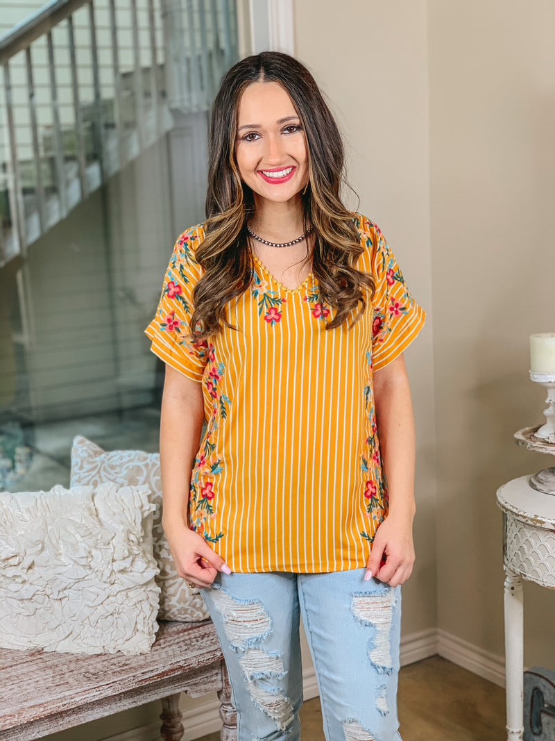 Song of Spring Striped Short Sleeve Top with Floral Embroidery in Marigold Yellow