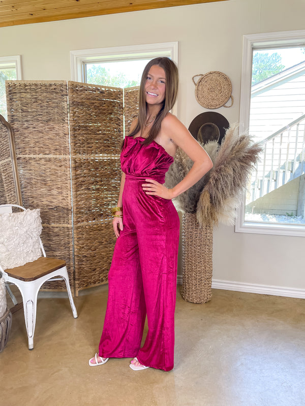 Do It With Pizazz Velvet Strapless Jumpsuit in Red Violet