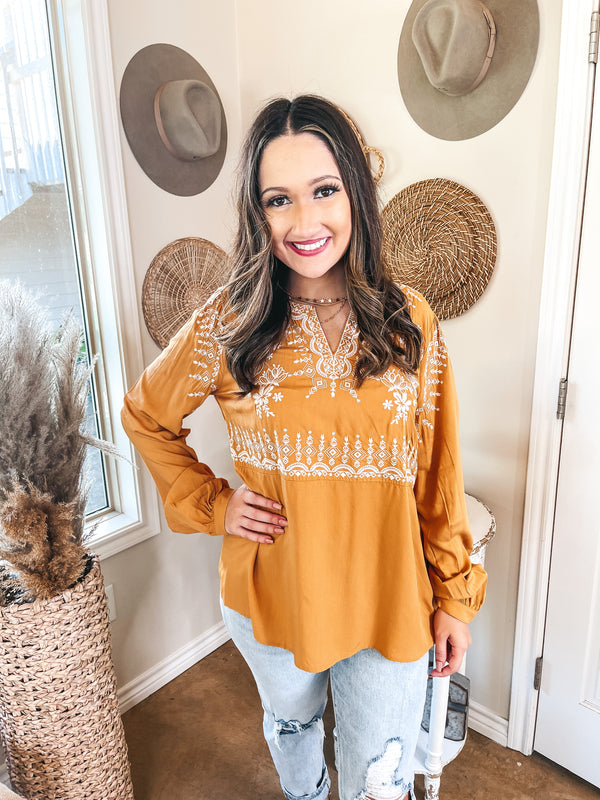 Making Connections Ivory Embroidered Long Sleeve Top in Mustard Yellow