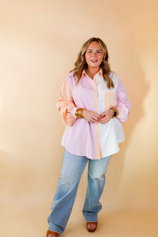 Picture This Pin Stripe Color Block Button Up Top in Pink and Orange