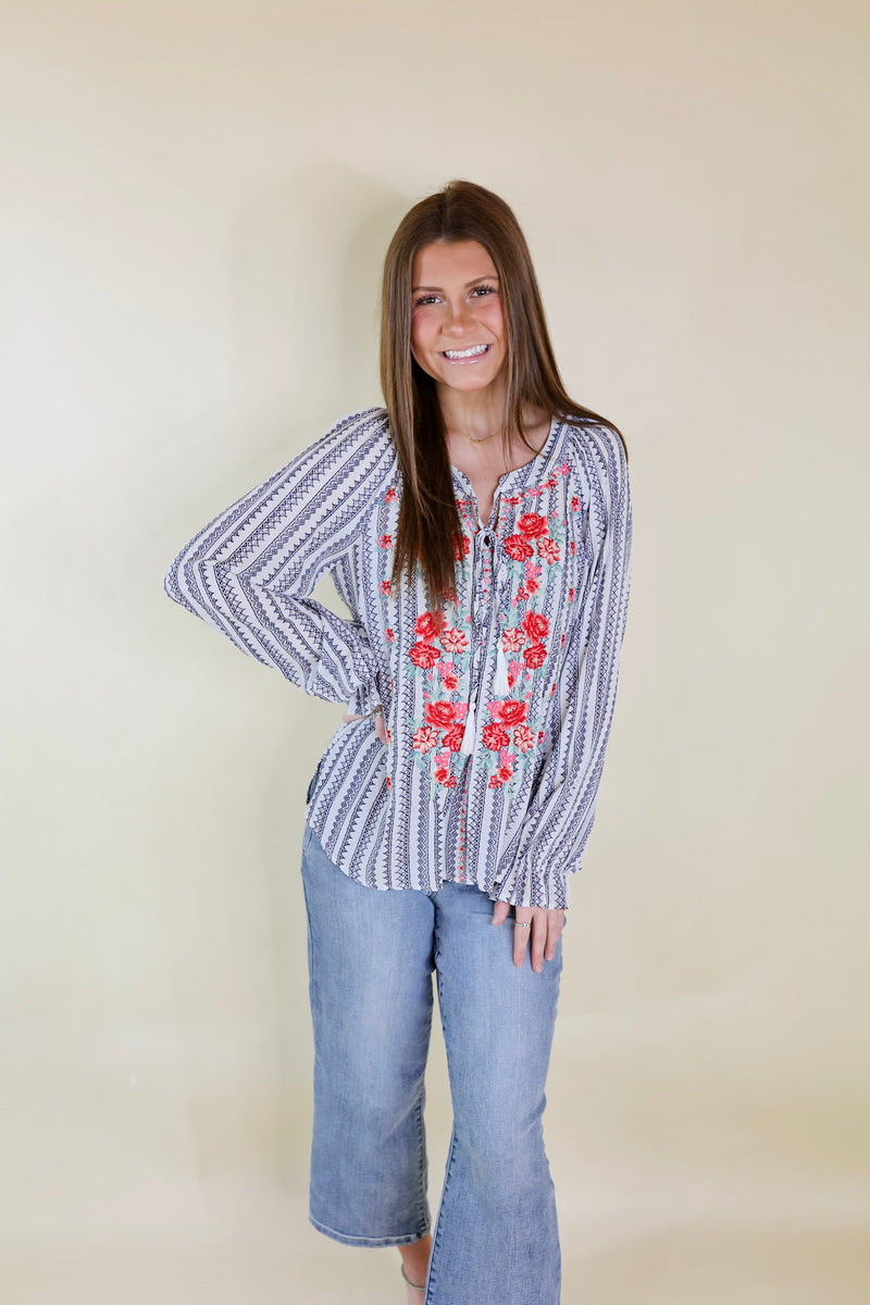 Blissful Beginnings Floral Embroidered Top with Keyhole and Tie Neck in Navy and White