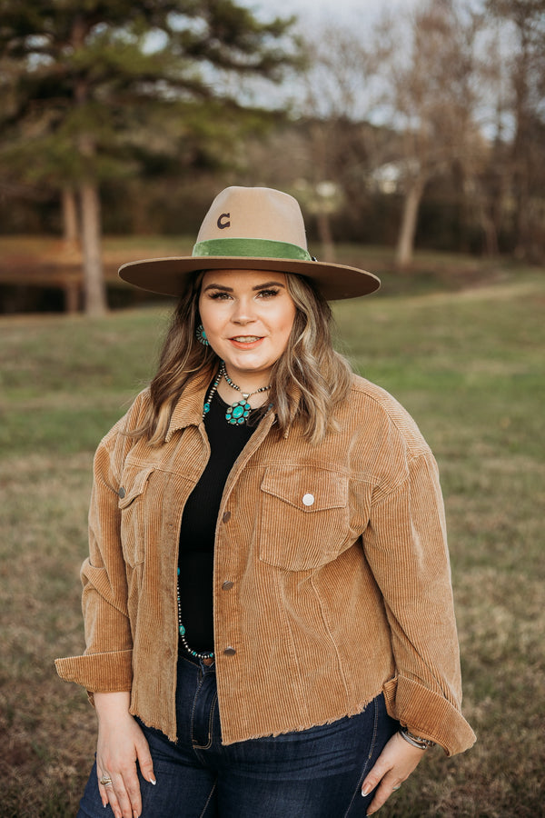 Charlie 1 Horse | Hippie Wool Felt Hat with Ribbon Band and Concho with Leather Feather in Buck