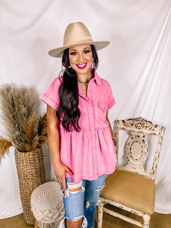 Forever and Ever Button Up Short Sleeve Denim Babydoll Top in Washed Pink