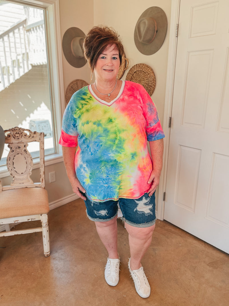 Bright Forecasts Tie Dye V Neck Top in Neon Pink, Yellow, and Blue