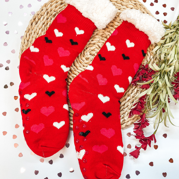 Valentine's Socks | Adult Love You Heart Sherpa Socks in Red