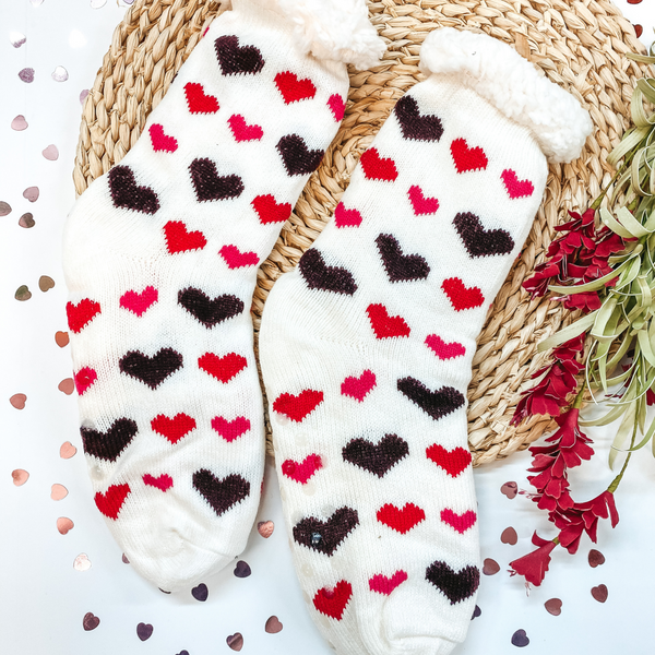 Valentine's Socks | Adult Love You Heart Sherpa Socks in White