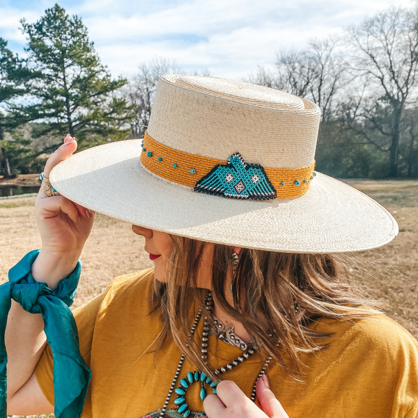 Charlie 1 Horse | War Eagle Straw Hat with Yellow Band, Beaded Thunderbird and Turquoise Accents