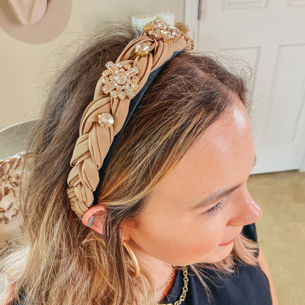 Jewel Detailed Braided Headband in Tan
