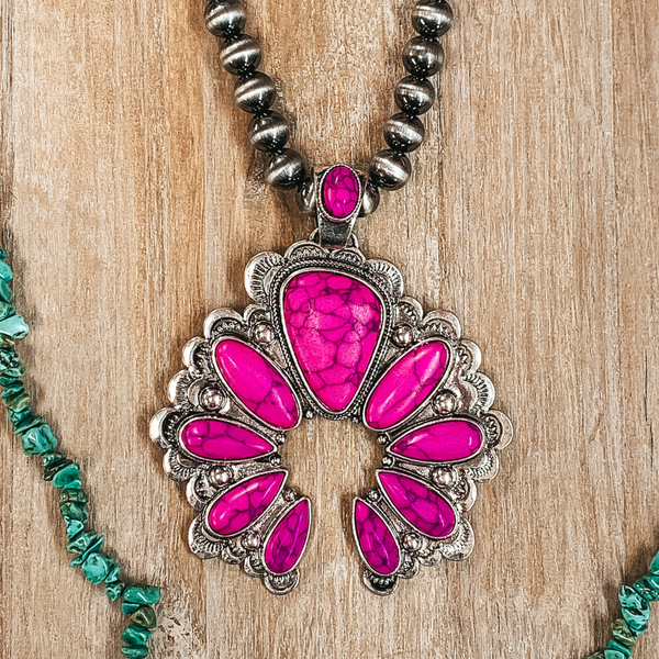 Chunky Squash Blossom Pendant in Fuchsia with Navajo Inspired Pearl Necklace