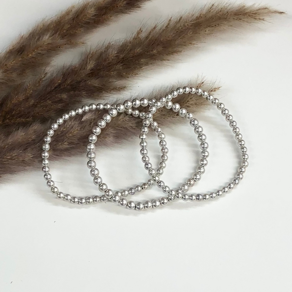 Set of Three | Beaded Bliss 4/5mm Bracelets in Matte Silver