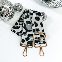 grey, black, and silver leopard removable shoulder strap