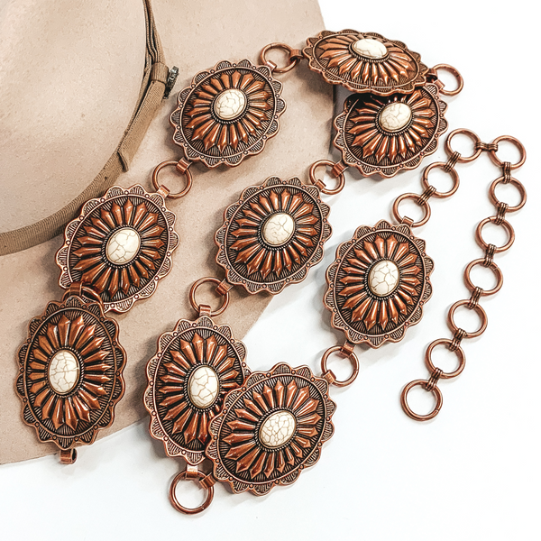 Concho Belt with Center Faux Ivory Stones in Copper Tone