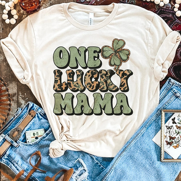 One Lucky Mama Short Sleeve Leopard and Green Graphic Tee in Cream