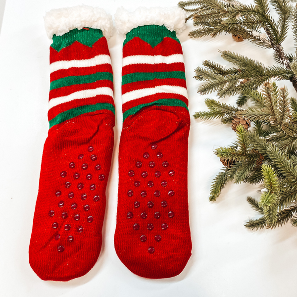 Reindeer with Holiday Lights Striped Sherpa Socks in Red and Green