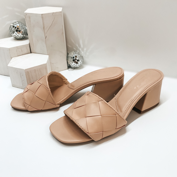Paving the Way Mini Block Heels with Basket Weave Strap in Nude