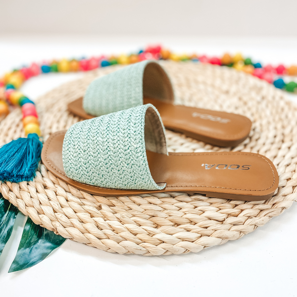 Palm Beach Stroll One Strap Woven Square Toe Slip On Sandals in Mint