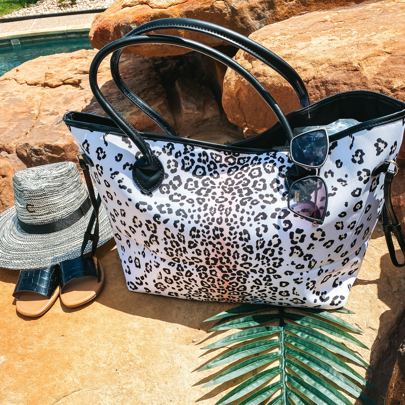 Living Large on Vacay Time Large Weekender Canvas Tote in Black and White Leopard Print