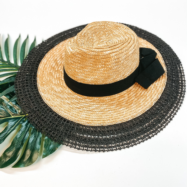 Sun Daze Wide Brim Hat with Black Band and Bow in Natural Tan and Black