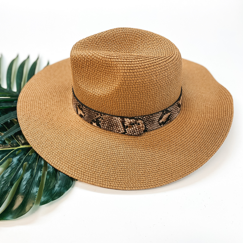 Big Bright Skies Straw Floppy Hat with Snakeskin Band in Tan