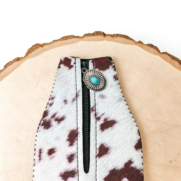 Cowhide Print Zip Up Koozie with Concho Charm