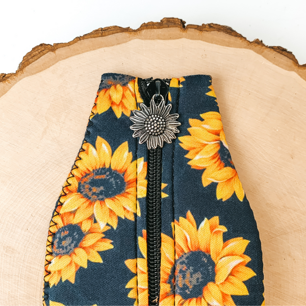 Sunflower Print Zip Up Koozie with Sunflower Charm