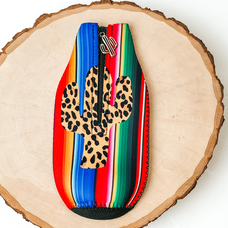 Serape and Leopard Print Cactus Zip Up Koozie with Cactus Charm