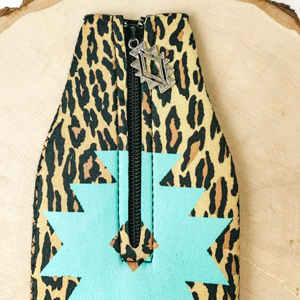 Navajo and Leopard Print Zip Up Koozie with Navajo Charm