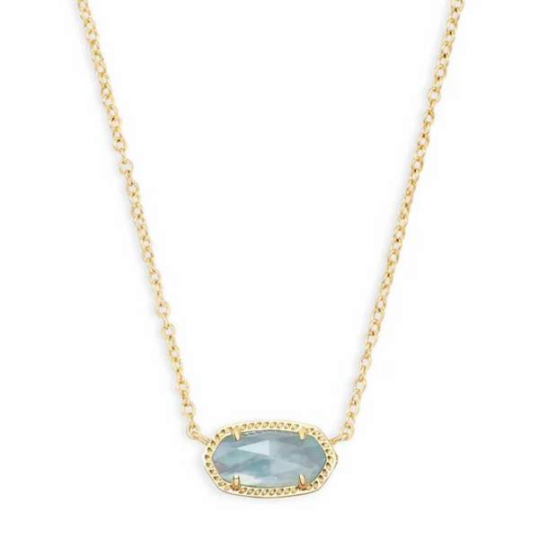 Gold necklace with light blue illusion pendant, pictured on a white background.