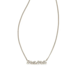 Silver necklace with the word mama in cursive, pictured on a white background.