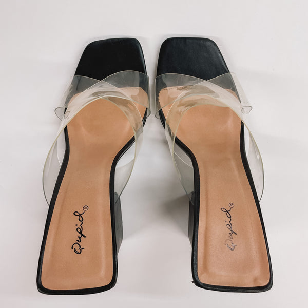 Model Shoes Size 9 | High Hopes Clear Criss Cross Block Heels in Black