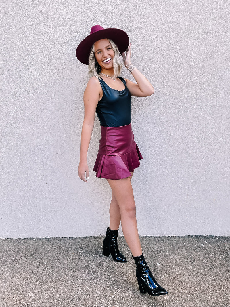 Dose of Dreamy Faux Leather Ruffle Mini Skort in Maroon