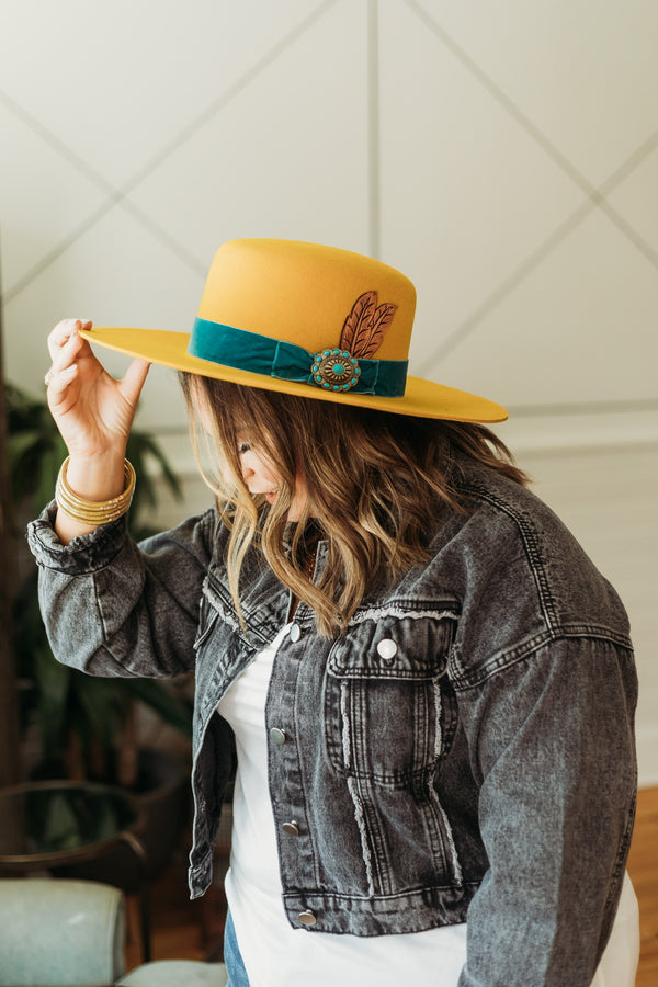 Charlie 1 Horse | Nomad Wool Felt Hat with Ribbon Band and Concho with Leather Feather in Yellow